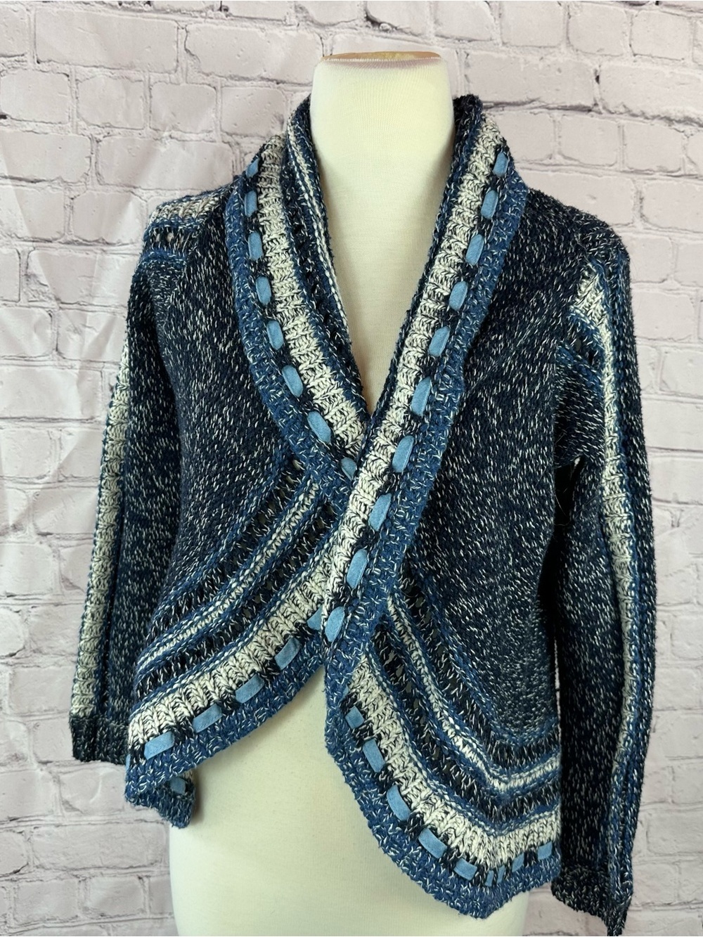 Miss Me Navy Marled Shawl Cardigan sweater girls L boho layering wool blend